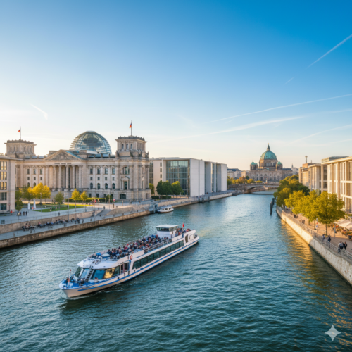 Ein Ausflugsschiff bei einer Spreefahrt Berlin 1 Stunde im Regierungsviertel am Reichstagsgebäude
