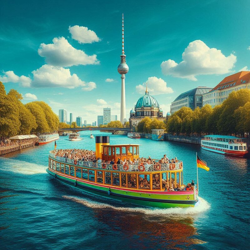 InBerlinReisen Wir über uns - ein Schiff auf der Spree vor dem Berliner fernsehturm