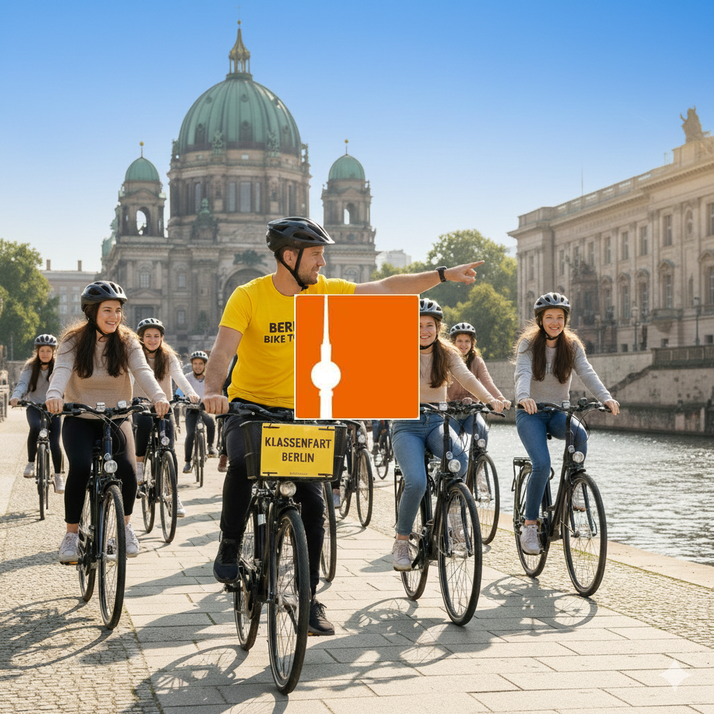 Berlin Kompakt Geführte City-Radtour für Schulklassen Eine gut gelaunte Schulklasse mit Fahrrädern und Sicherheitshelmen erkundet das Berliner Stadtzentrum während einer Klassenfahrt.
