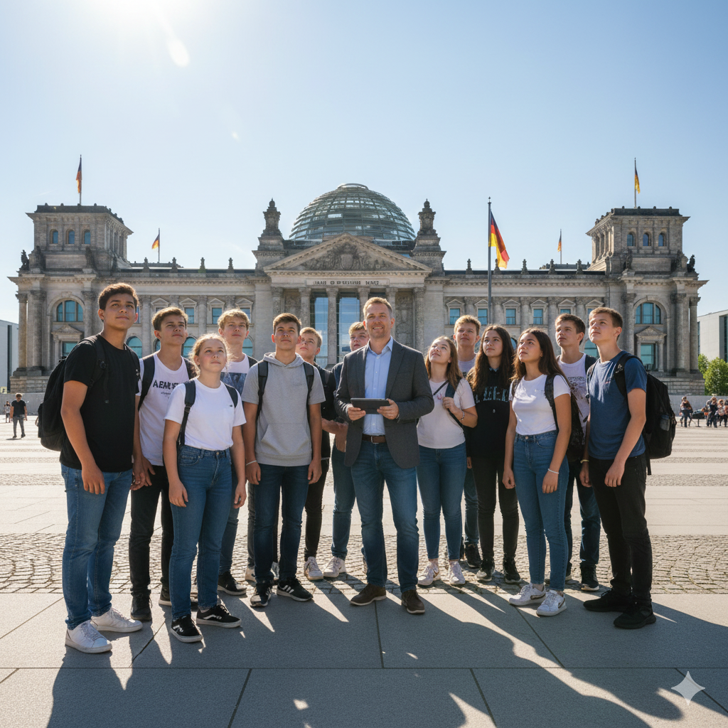 Berlin WelcomeWalk für Schulklassen - Gruppe vor dem Reichstagsgebäude