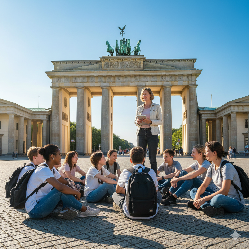 Berlin WelcomeWalk für Schulklassen 03 - Schüler sitzen vor dem Brandenburger Tor und schauen zum Tourguide