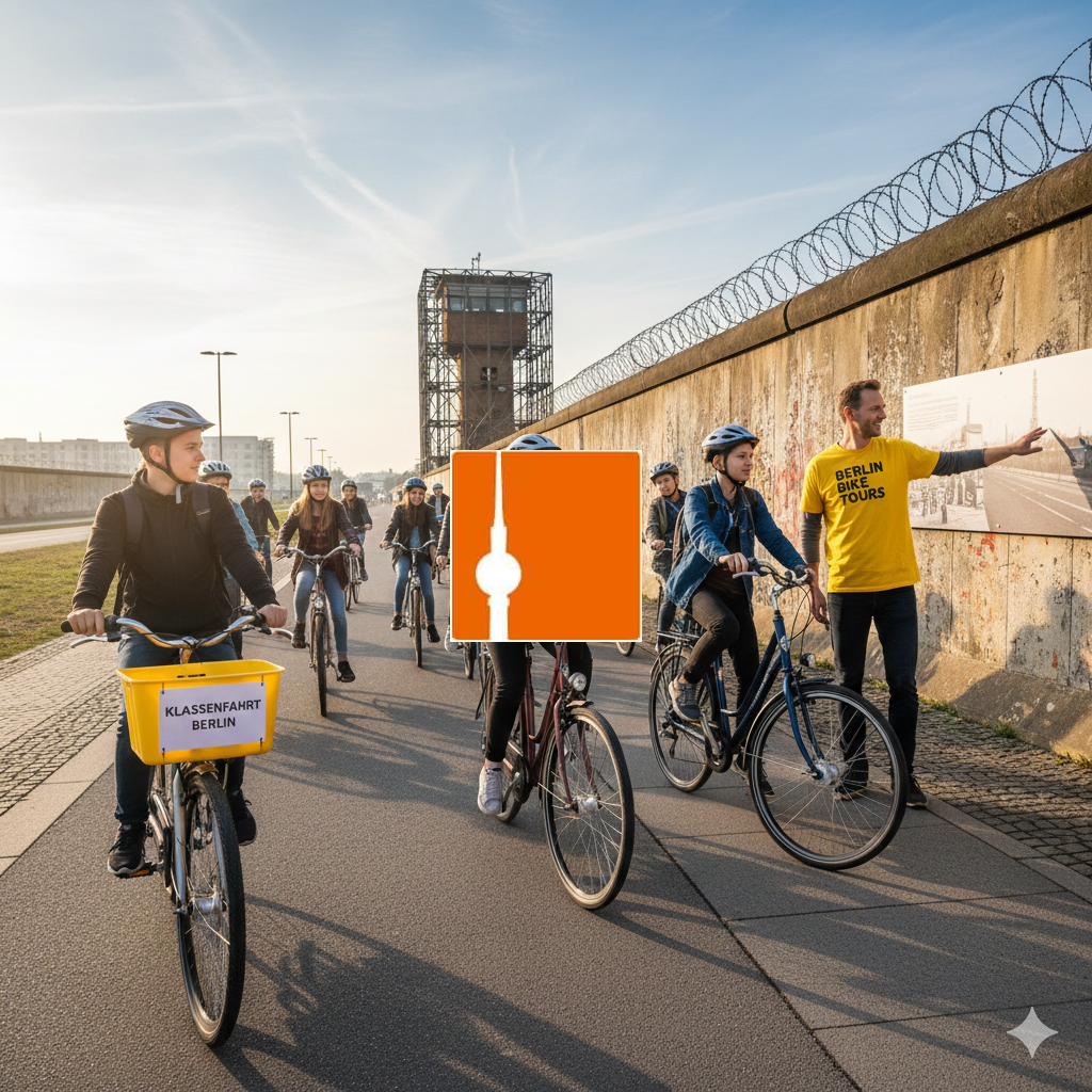 Geführte Berliner Mauer Radtour für Schulklassen Eine Schulklasse mit Fahrrädern und Helmen an der Berliner Mauer / East Side Gallery mit einem Guide während einer Klassenfahrt.