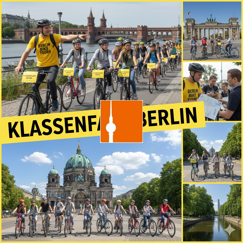 Highlights Radtour Berlin Überblick für Schulklassen Eine Schulklasse auf Fahrrädern passiert die Berliner Mauer an der Spree, während ein Guide die Geschichte der Stadt erklärt.