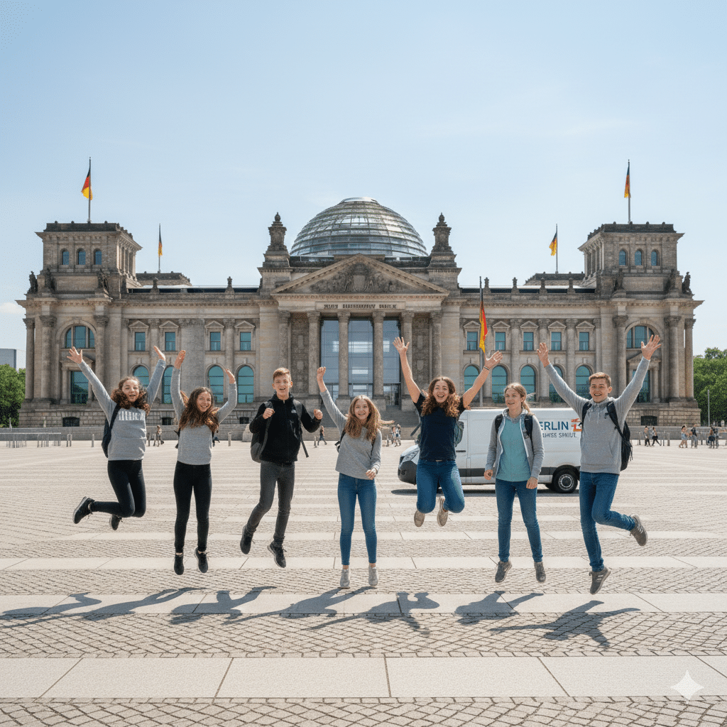 Koffertransport-Schulklassen-Berlin - Schulklasse ohne Gepäck vor dem Reichstagsgebäude