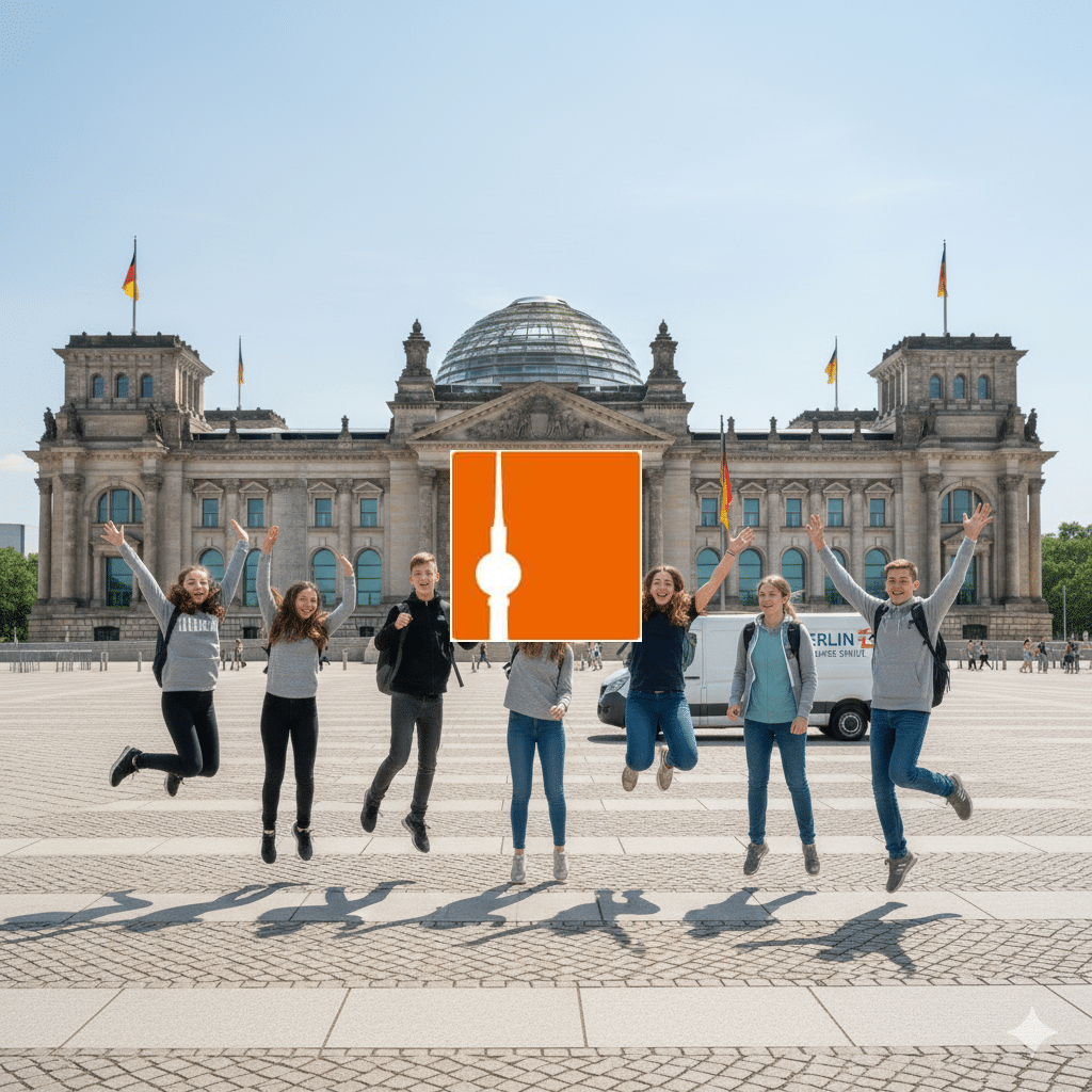 Koffertransport Schulklassen Berlin 02 Koffertransport-Schulklassen-Berlin - Schulklasse ohne Gepäck vor dem Reichstagsgebäude