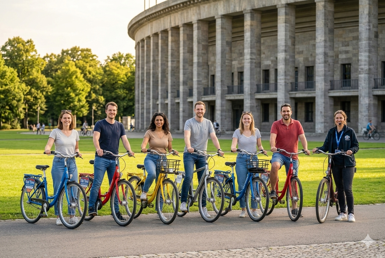 Gruppenreise Berlin - Reisegruppe mit bunten Mieträdern bei geführter Fahrradtour durch Berliner Parks und Sehenswürdigkeiten - KI-generiert