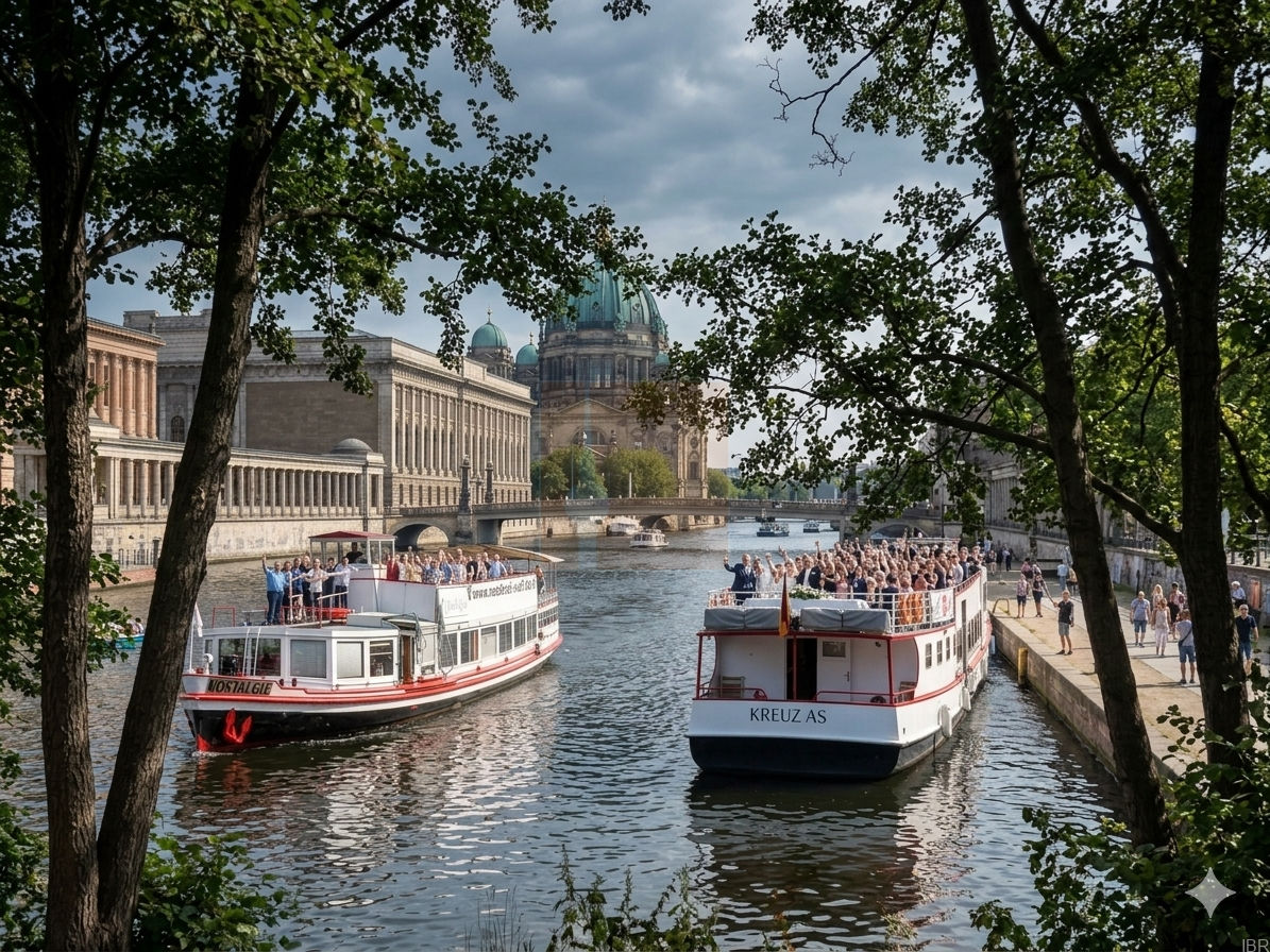 Zwei exklusive Eventschiffe von InBerlinReisen parallel auf der Spree, im Hintergrund die Museumsinsel hinter Bäumen, mit winkenden Gästen und einer Hochzeitsgesellschaft an Bord.