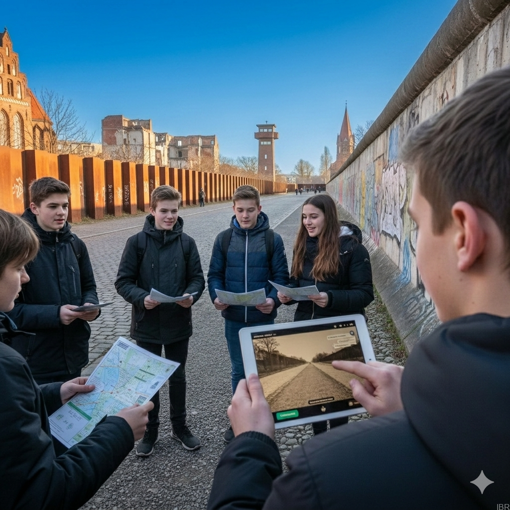 Eine aufmerksame Schülergruppe mit Tablets und Karten an der Gedenkstätte Berliner Mauer zu Beginn der Tour „Alex auf der Flucht“.