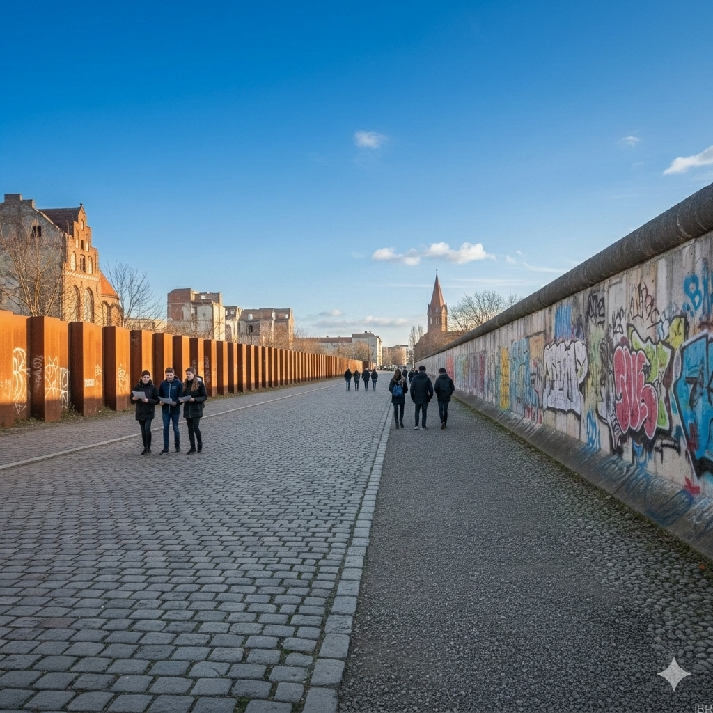 Schüler gehen entlang der originalen Mauerreste und Roststelen an der Gedenkstätte Bernauer Straße in Berlin.