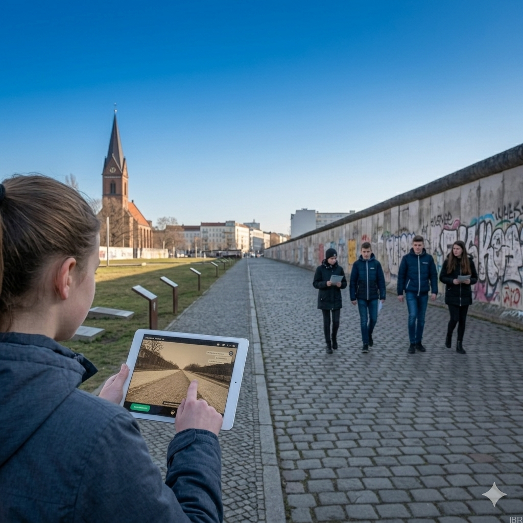 Tour Mauererfahrung InBerlinReisen 05 Eine motivierte Schülergruppe mit Tablets und Karten an der Gedenkstätte Berliner Mauer zu Beginn der Tour „Alex auf der Flucht“.