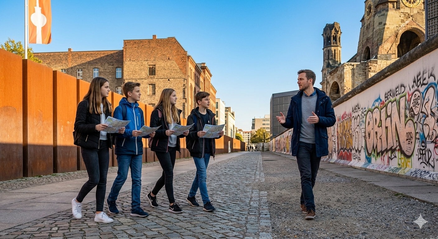 Mauer Erfahrung Berlin -Schülergruppe mit einem Guide und Tablet an der Berliner Mauer Gedenkstätte bei der Tour „Alex auf der Flucht“.