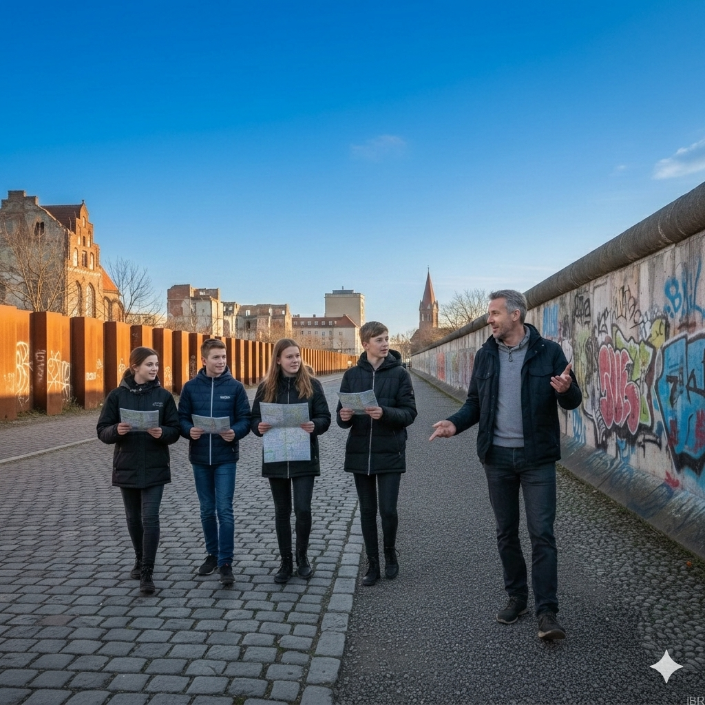 Ein erfahrener Guide erklärt einer Schülergruppe die biografischen Hintergründe zur Geschichte „Alex auf der Flucht“ an der Berliner Mauer.
