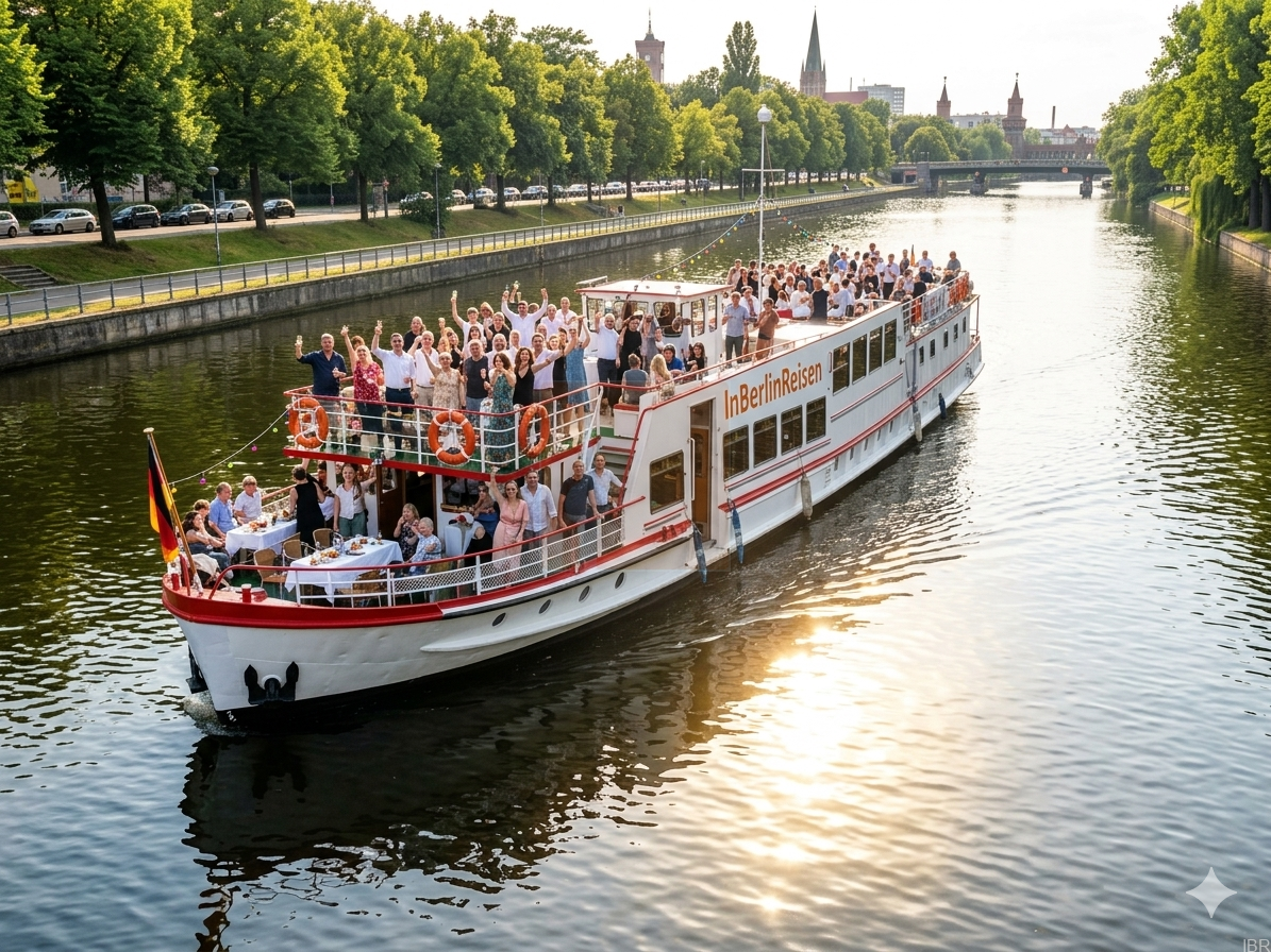 Gruppen-Event auf dem Eventschiff InBerlinReisen Feiernde Gruppe auf einem geschmückten Ausflugsschiff von InBerlinReisen auf der Spree in Berlin, mit Blick auf die historische Oberbaumbrücke und den Fernsehturm im Hintergrund bei Sonnenuntergang. - KI-generiert