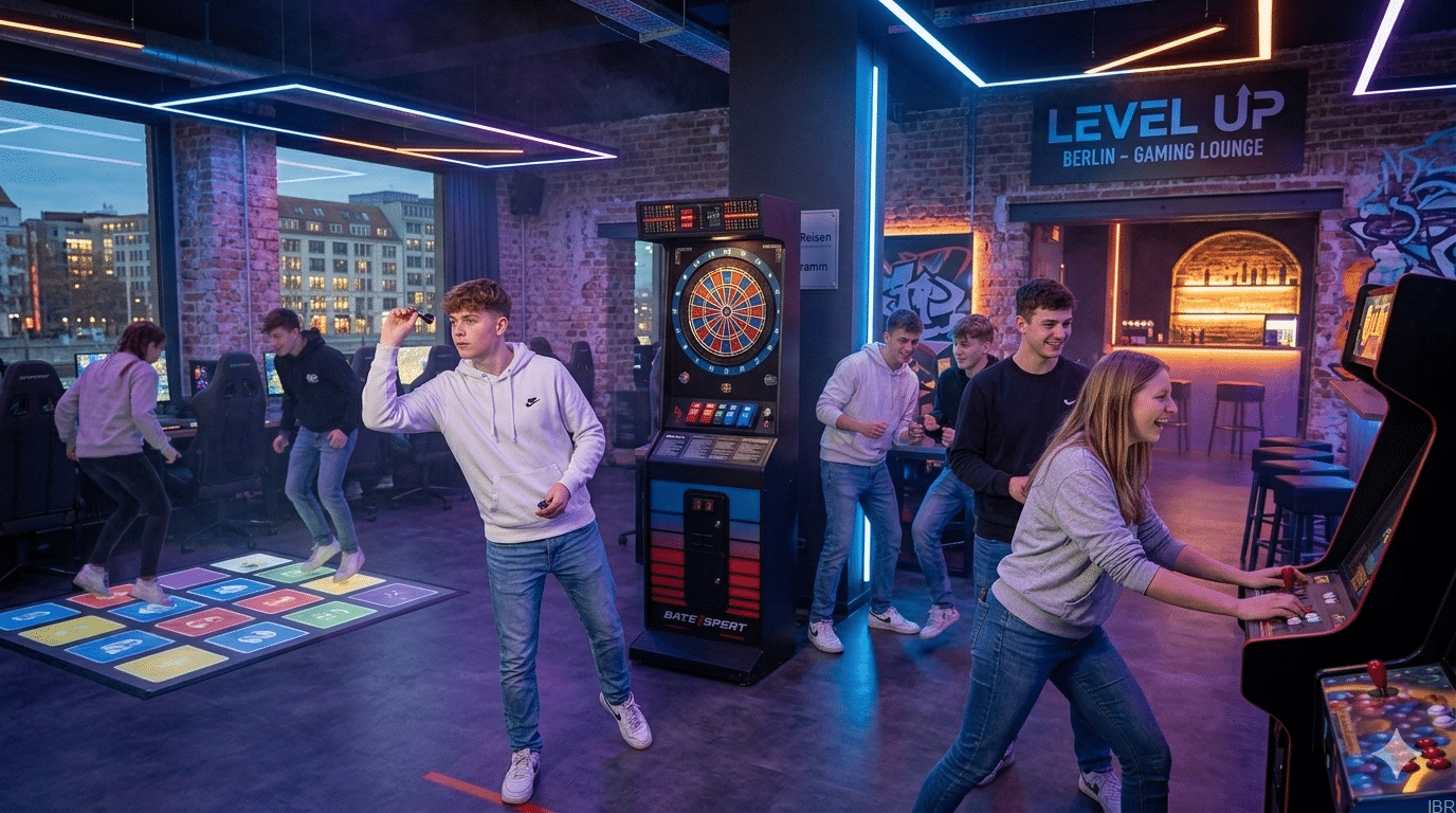 Klassenfahrt Berlin Abendprogramm Gaming - Schulklasse bei einer interaktiven Live-Gameshow in Berlin mit Bewegung und Team-Action - KI-generiert