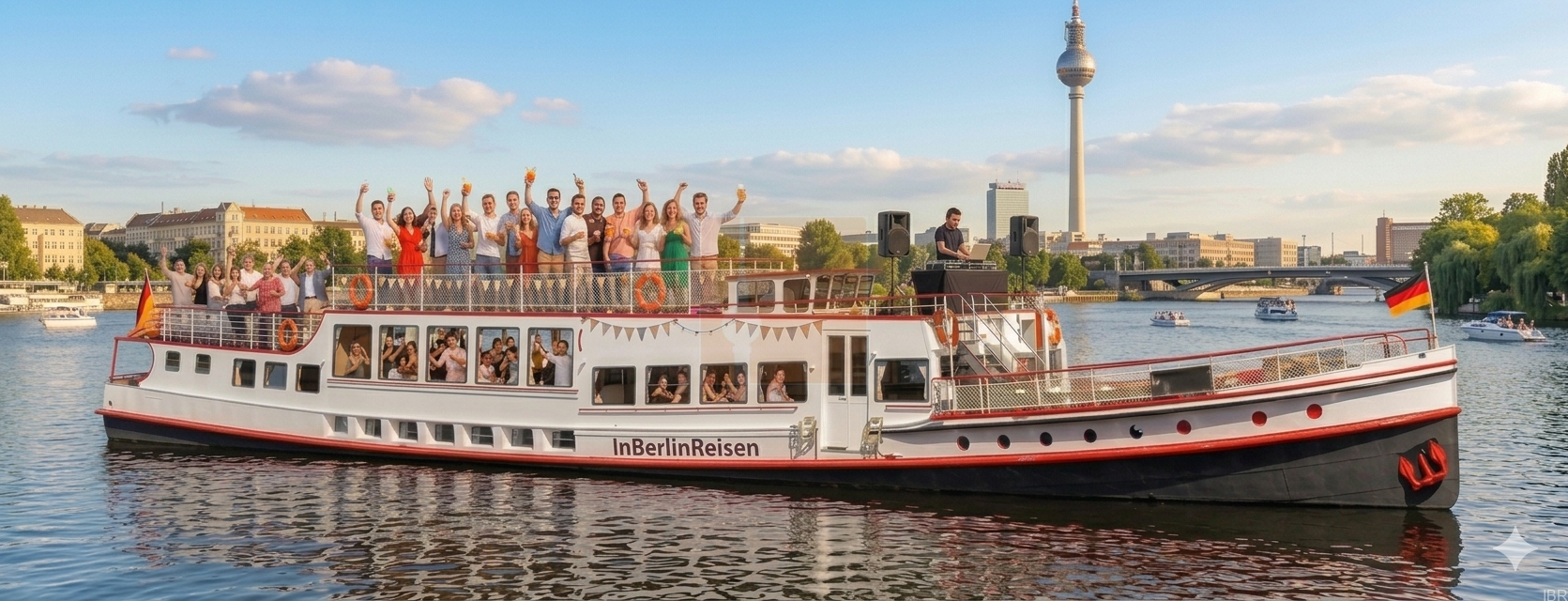Feiernde Gruppe bei einem Event auf dem Ausflugsschiff von InBerlinReisen in Berlin mit Blick auf den Funkturm an einem sonnigen Nachmittag. Schifffahrt Berlin Gruppe