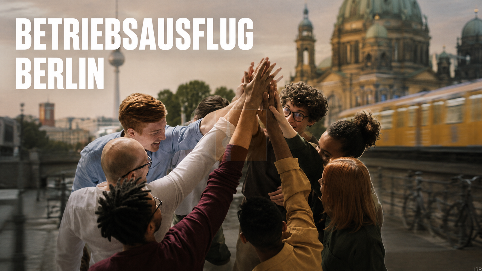 Betriebsausflug Berlin: Gruppe junger Leute klatschen die Hände zusammen, im Hintergrun der Berliner Dom und der Fernsehturm