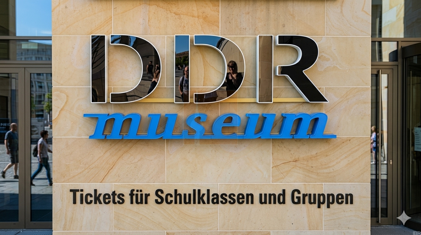 DDR Museum Berlin Tickets: Großes, dimensionales Logo des DDR Museums an einer Sandsteinfassade. "DDR" ist in spiegelnden schwarzen Buchstaben, "museum" in blau. Darunter steht Text: "Tickets für Schulklassen und Gruppen".