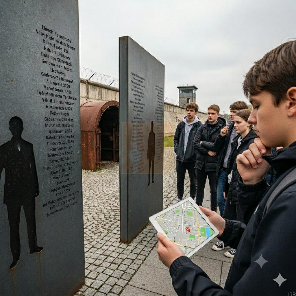Schulklasse an der Gedenkstätte Berliner Mauer lernt bei einer digitalen Schnitzeljagd über Fluchtversuche und ihre Folgen