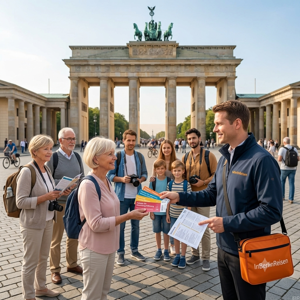 Reiseleiter übergibt Tickets an Reisegruppe, im Hintergrund das Brandenburger Tor in Berlin