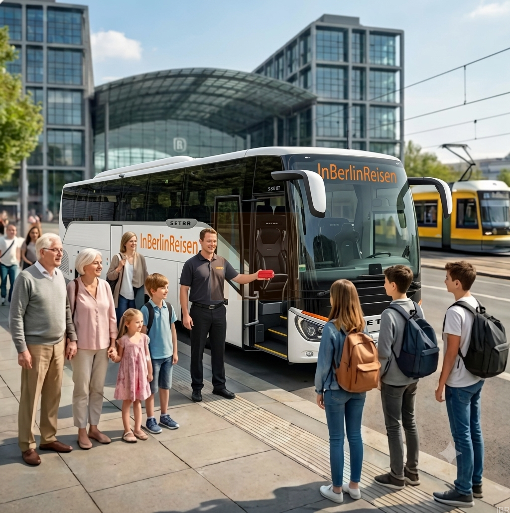 InBerlinReisen-Bus-Transfer-Service im Hintergrund der Berliner Hauptbahnhof, im Vordergrund Reisegruppe beim Einsteigen in einen Bus