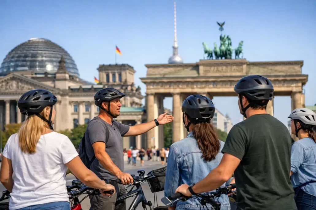 Fahrradtour Berlin für Gruppen richtig planen. Gruppe auf fahrrädern vor dem Brandenburger Tor. KI-generiert. Bildungsreise Berlin