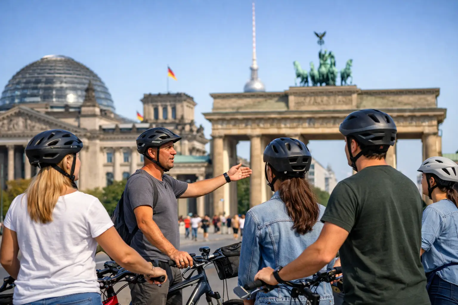 Fahrradtour Berlin für Gruppen richtig planen. Gruppe auf fahrrädern vor dem Brandenburger Tor. KI-generiert. Bildungsreise Berlin